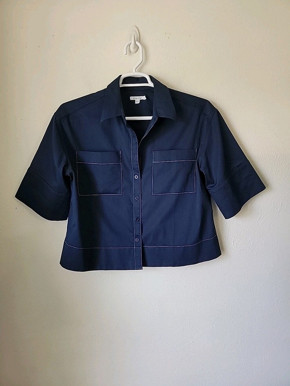 Chicos Blue Classic Navy Blue Short Sleeve BoxyTop - Picture 3 of 14